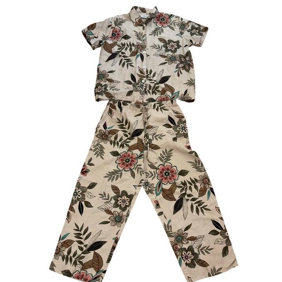 Hot Cotton 2 Piece Set Linen Cotton Tropical Floral Button Up Top Pants Medium - Picture 1 of 6